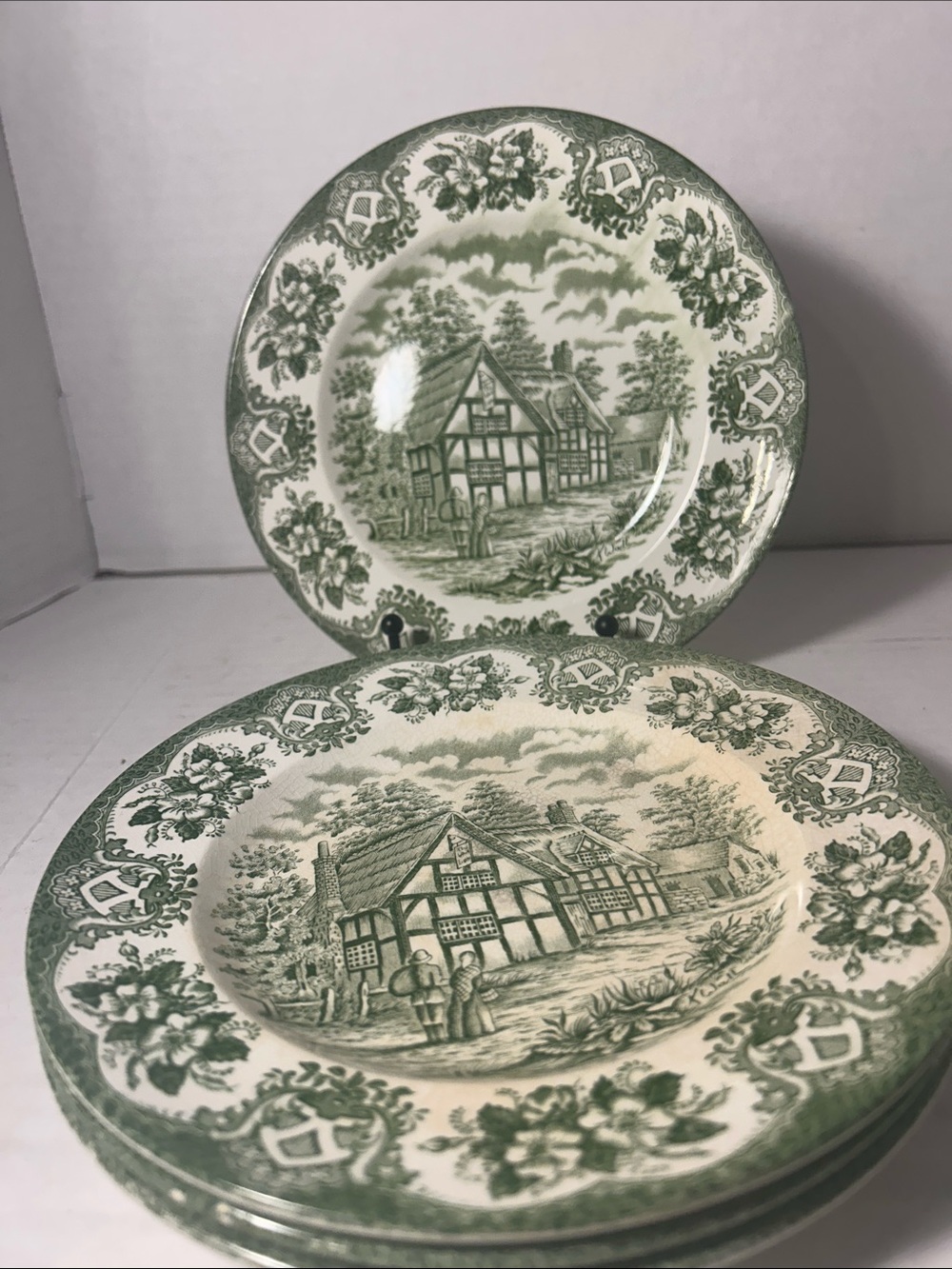 Green Transferware Dinner Plate with Cottage Motif Vintage English Set of 4
